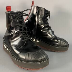 VALENTINO Size 8 Black Red Leather Rubber Sole Zip Lace-Up Boots